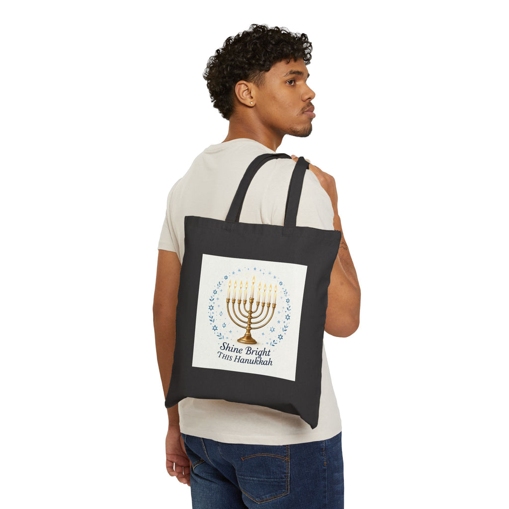 Hanukkah Menorah Tote Bag — "Shine Bright This Hanukkah" Cotton Canvas Gift Tote