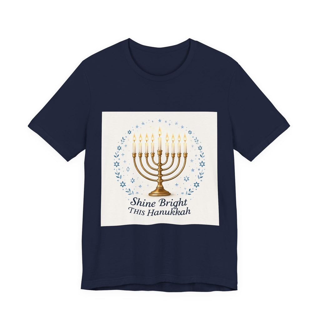 Hanukkah Menorah T‑Shirt — "Shine Bright This Hanukkah" Holiday Tee